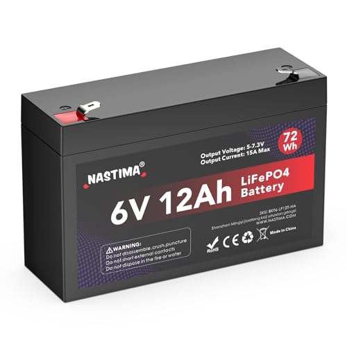NASTIMA 6V 12Ah 72Wh LiFePO4 Wiederaufladbare Batterie Mit BMS-Schutz und 4000 Deep-Cycle Wartungsfrei, Geeignet für Notstrombeleuchtung, Kinderspielzeugautos, Motorboote, Camping, Sonnenkollektoren