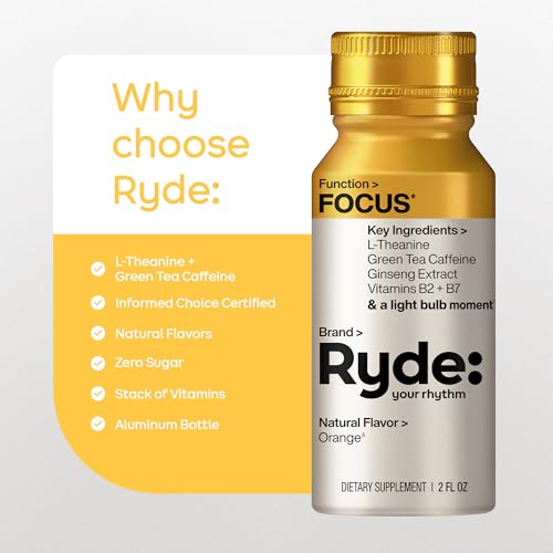 Image of Ryde: Focus + Energy Shot, 0 Calories, 0 Sugar, L-Theanine & Ginseng, Green Tea Caffeine, Vitamins B2& B7, 2 FL OZ Shots, Orange Flavor, Supports Focus (24 Pack)