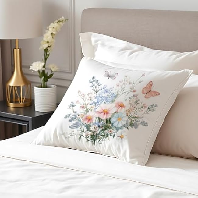 Watercolor Wildflower Throw Pillow Cover 18x18 Inch ¨C Floral Decorative Cushion Case with Butterflies, Pastel Spring Farmhouse Style for Sofa Couch Bedroom 493