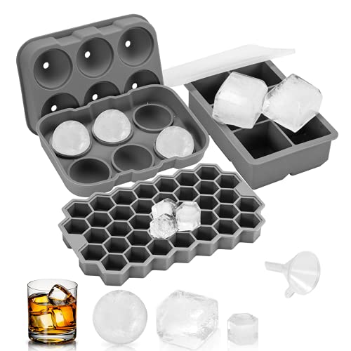 Silicone Ice Cube Tray, AOEDEO Ice Cube Trays For Freezer With Lid, 3 Pack Silicone Ice Cube Tray With Cover, Honeycomb Ice Trays With Lid / 6 Round Ice Cube Tray / 6 Square Ice Trays With Lid (Gray)
