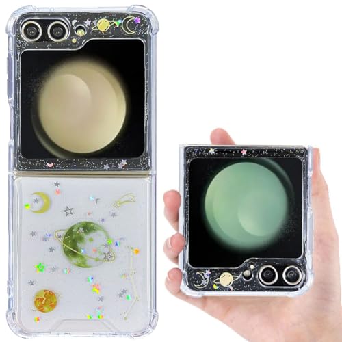 CEOKOK for Samsung Galaxy Z Flip 5 Glitter Case Cute Clear Design Bling Shiny Reflective Sparkle Protective Aesthetic Phone Cover Women Girls Kawaii Sturdy (Planet, for Samsung Galaxy Z Flip 5)