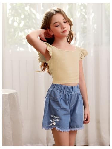 Image of OYOANGLE Girl's Casual Solid Ruffle Trim Cap Sleeve Square Neck Cute Crop Tank Tops T-Shirts