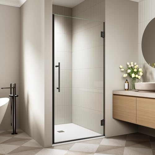 33.6-33.8' x 72' Frameless Hinged Shower Door, Single Swing Shower Panel with 5/16” (8mm) Tempered Glass, 180° in & Out Opening, 10mm Adjustable for Non-Vertical Walls (Matte Black, 33.8' x 72')