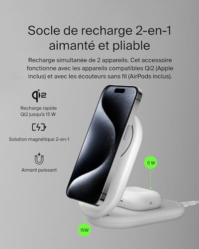 Belkin BoostCharge Socle de Recharge 2-en-1 aimanté et Pliable Qi2, 15W, Compatible MagSafe Chargeur sans Fil, Recharge Rapide, Apple iPhone 17, iPhone Air, Pixelsnap, Adaptateur Inclus - Blanc