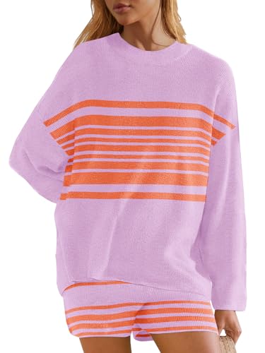 Image of Panadila Womens Striped Sweater Set Oversized Lounge Sets Matching Pajamas Long Sleeve Sweater Top and Shorts