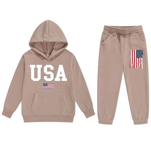 Image of Vivimeng Boys USA Sweatshirt Suit Kid USA Hoodie Set American Flag Sweater Girls American Hooded Pullover Suit