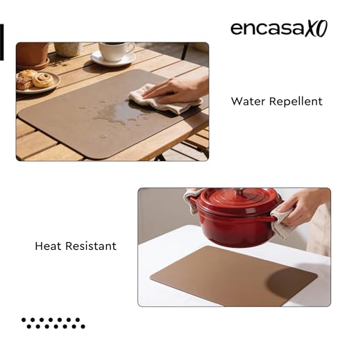 Image of Encasa XO Leather Dining Table Mat Set of 4 + 4 Coasters, 42x30 & 9 cm | Water & Heat Resistant Double-Layer Dining Table Mats with Suede Top | Wipeable & Durable Taupe Placemats for Dining Table