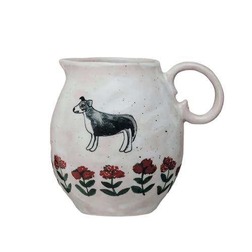 10 oz. Hand-Painted Stoneware Creamer w/ Dog & Flowers