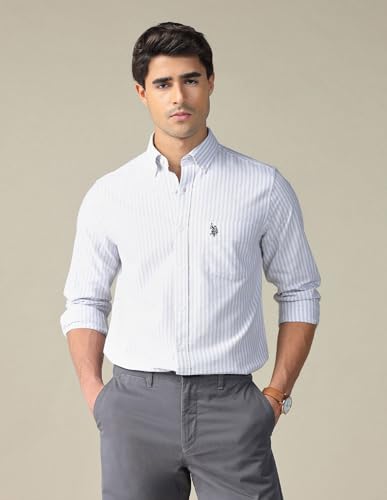 Image of U.S. Polo ASSN. Striped Regular Fit Shirt for Men - 100% Cotton, Breathable & Comfortable, Full Sleeves Casual Shirt for Men