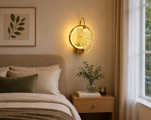 Image of Modern Gold LED Wall Light with Decorative Leaf Design, 3in1 Colour Change Wall Sconce, Metal & Glass Wall Lamp Ideal for Bedroom, Living Room, Hallway, Dining Room, Home Decor