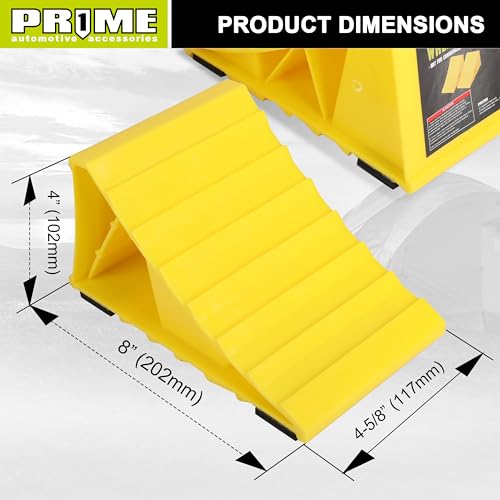 Image of PR1ME Wheel Chocks with Non-Slip Base for RV & Trailer. 2 Pack Heavy Duty Wheel Chock with Bright Yellow. Lightweight Wheel Stoppers for Cars Camper Trucks RVs, Fit for Most Tyre Sizes