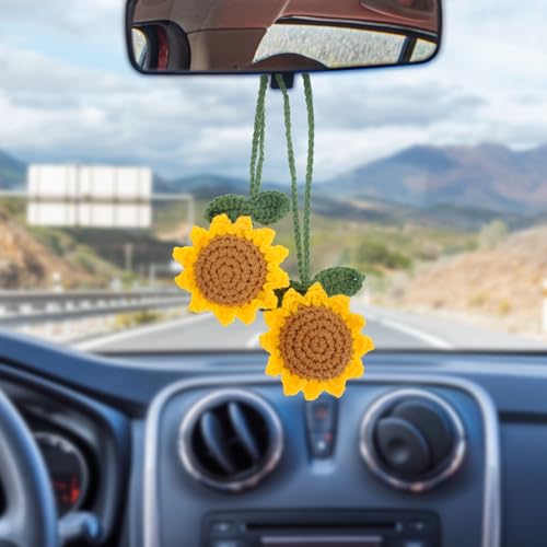 2 Pieces Sunflower Car Accessories, Cute Crochet Plant for Car, Sunflower Keychain, Cars Mirror Hanging Accessories, Handmade Sunflowers Charming Sunflowers Pendants For Women Cars Mirror Hanging