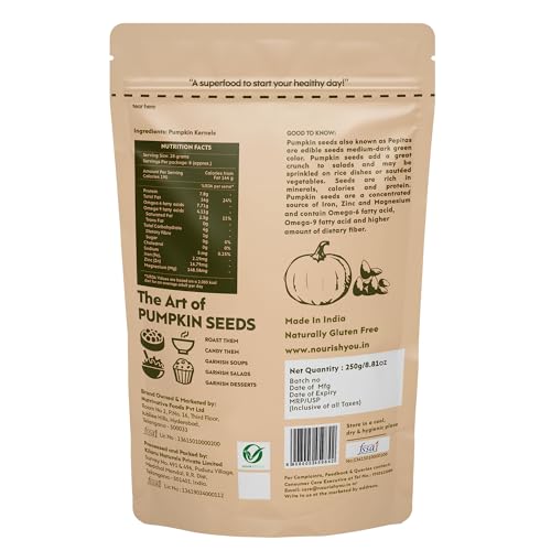 Image of Nourish You Raw Pumpkin Seeds 250 gm - High Protein, Fiber-Rich Superfood Snack | Nutrient-Dense & Crunchy Seeds for Healthy Snacking & Weight Management | Natural