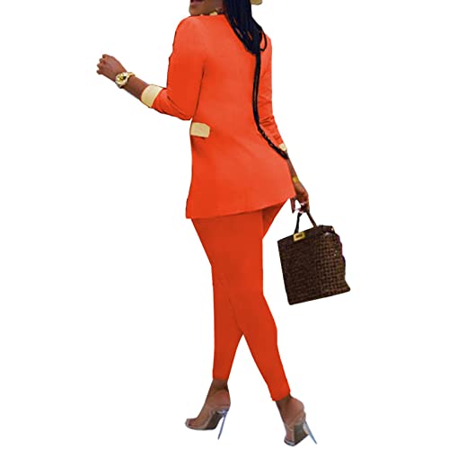 Women 2 Piece Outfits Suits Set Long Sleeve Blazer Jacket High Waisted Pants Jumpsuit For Business Work Orange 2X #TOP2