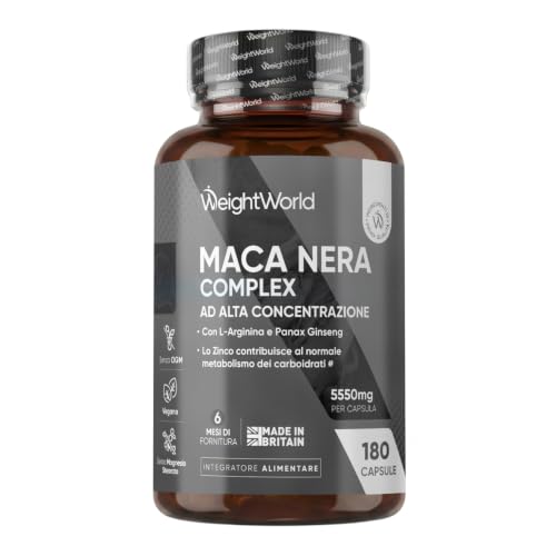 Maca Peruviana, 180 Capsule Vegane, 1 al Giorno (6 Mesi), Estratto 100:1 | Maca Nera Complex con L Arginina, Zinco come Zinco Citrato, Panax Ginseng, Pepe Nero, Senza Magnesio Stearato, Senza Glutine