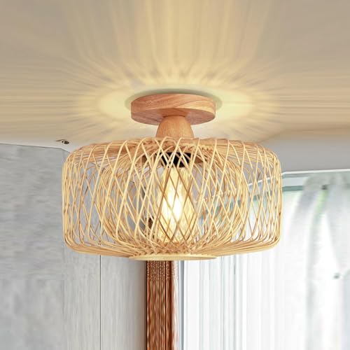 Lampe de plafond vintage en bambou tressé main de haute qualité