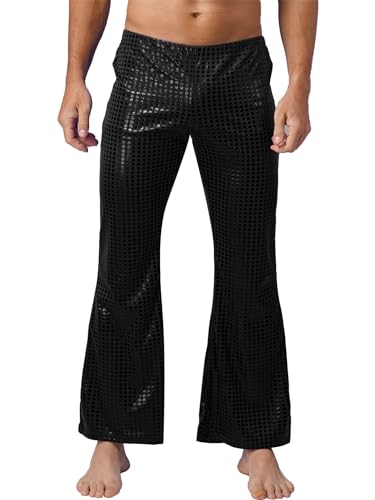 Jelory Mens Sequins 70s Disco Dance Pants Sexy Shiny Elastic Bell-Bottoms Flared Long Pants Trousers