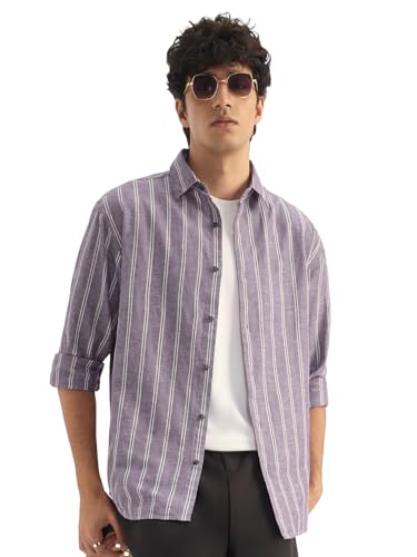 Image of The Souled Store Cotton Linen Stripes: Apricot Men and Boys Long Sleeves Collared Neck Orange Stripes Regular Fit Lightweight Comfortable Summer Cotton Linen Shirts