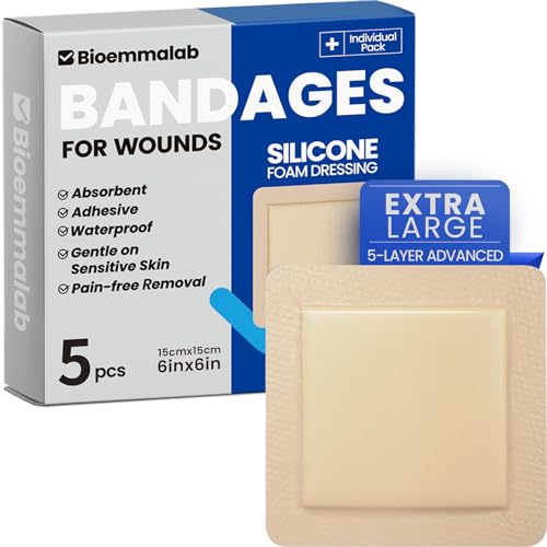 Image of Large Waterproof Bandages 6x6 Silicone Foam Dressing Sensitive Skin, 5 PCS