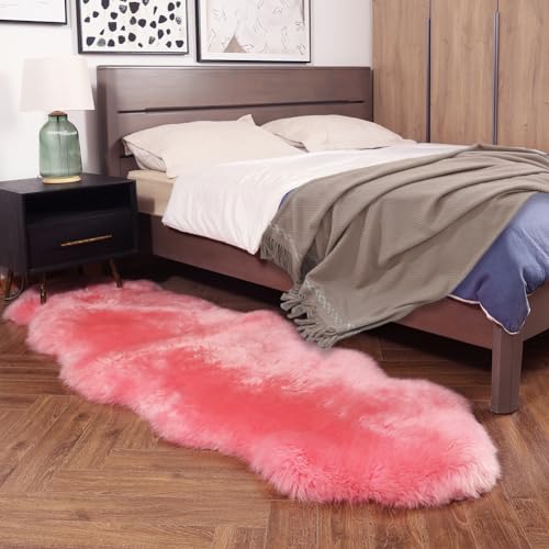 Premium Genuine Fur Sheepskin Rug Real Australia Sheepskin Natural Luxury Fluffy Lambskin Fur Area Rug Seat Covers for Kids Bedroom Sofa Chair Cover (Pink, Double Pelt/2ft x 6ft)