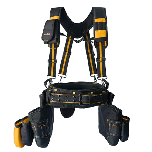 Image of MELOTOUGH 28-Pocket Pro Framer's rig Combo Apron Tool Belt and Heavy Duty Padded Suspenders with Magnetic Desinger for Technician /Carpenter /and Electrician's Tools（Yellow)