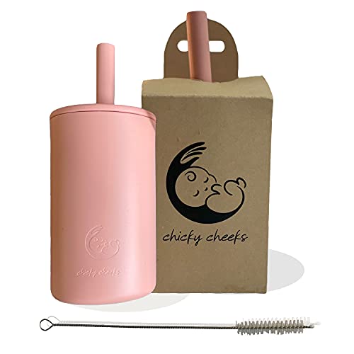 Chicky Cheeks Baby Toddler Silicone Cup, Baby Straw Cup| Non spill Lid-BPA Free and Silicone Straw with Straw Cleaner (Muted)