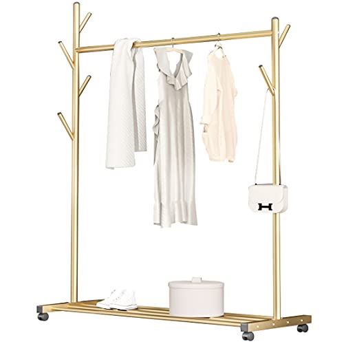 LMAMZ Porte-manteau sur Pied, Porte-vêtements Métal avec Roue Universelle 360°, 6 Crochets et Étagères pour Vêtements Chapeaux Écharpes, Minimaliste Cintre Chambre,D'or Cover
