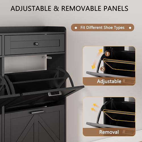 Image of Shoe Cabinet with 6 Flip Drawers & 2 Top Drawers, 57 inch Tall Freestanding Narrow Wooden Shoe Storage Organizer for Entryway, Hidden Slim Shoe Rack for Front Door Entrance, Hallway, Living Room, Black