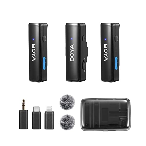 BOYA BOYALINK All-in-One Wireless Lavalier Microphone for iPhone Android DSLR Camera with Charging case, Noise Canceling, 2.4G Dual Channel Lapel Microphone System USB-C for Video Recording Vlogging