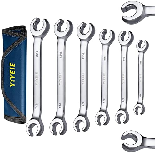 YIYEIE 6 Pc. Flare Nut Wrench Set, SAE 1/4" to 15/16", CR-V Steel, Brake Fuel Line Wrench Set with Roll-up Pouch