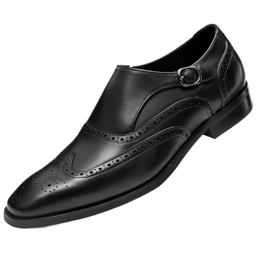 Mens Pointed Toe Breathable Brogue Oxfords Shoes Slip On Business Single Buckle Leather Dress Shoes