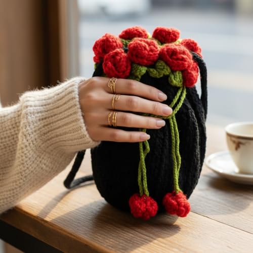 Image of Handmade Crochet Flower Crossbody Sling Bag for Women | Boho Knitted Bucket Shoulder Purse Rose Design