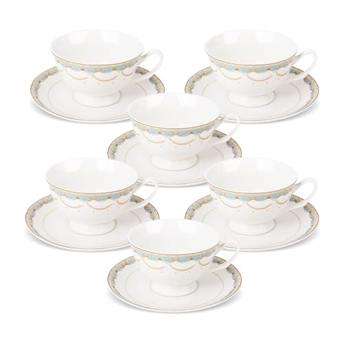 fanquare Tazze da Tè e Piattini in Pizzo Blu Set di 6 Tazze da Caffè Britanniche e Piatti in Osso di Porcellana per Regali per il Tè Pomeridiano