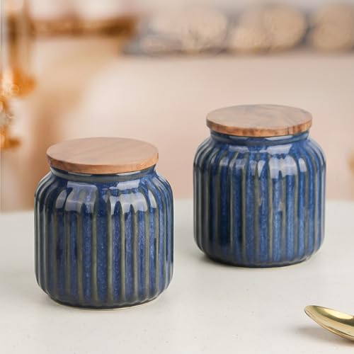 Image of The Earth Store Glam Blue Ceramic Jar Set of 2, 550ML | Wooden Air Tight Lid Jars for Pickles /Achar, Chutney, Sauces, Salt, Candy and Spices | Ceramic Jar for Kitchen, Gifting
