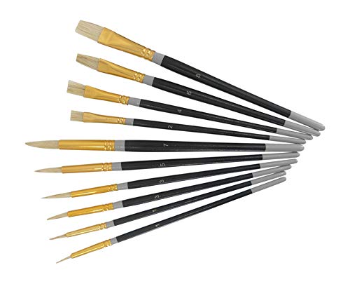 Artist's 100% Natural Hog Hair Bristle Paint Brush Set, 10 Brushes, 6 Round, 4 Flat, Comfortable Handles, For Oil, Acrylic, Watercolor, Tempera, By Tech Team #TOP12