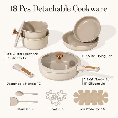 Image of CAROTE 18Pcs Ceramic Cookware Set with Detachable Handle, Pots and Pans Set Non Stick, Non Toxic Cookware Set Removable Handles, Induction Kitchen Cookware Sets, Dishwasher /Oven Safe