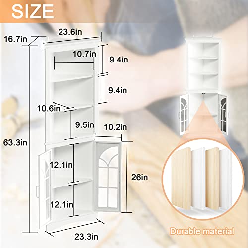 Vetnasa Corner Storage Cabinet, 63.3\" Tall Freestanding Bookcase with Doors & Adjustable Shelves, 5-Tier Corner Display Cabinet for Living Room, Office, Dining Room, White - Thumbnail 2