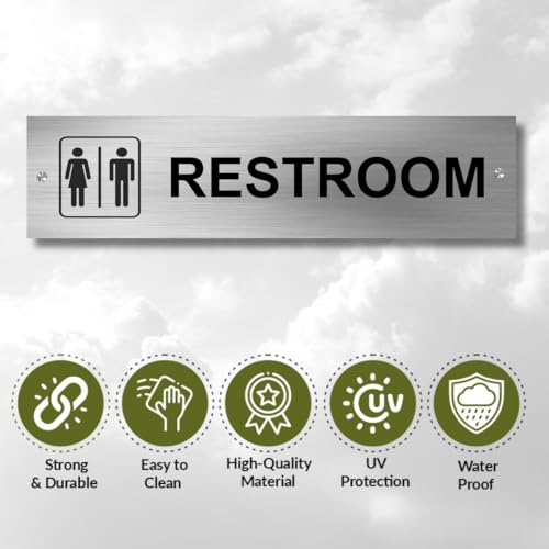 Image of Rest Room Sign Board | Stainless Steel Restroom Sign Plate for Office, Mall, Restaurant, Hotel, Hospital & School | Wall Mount | Rustproof Metal | Clear Bold Text | 12 x 3 Inch