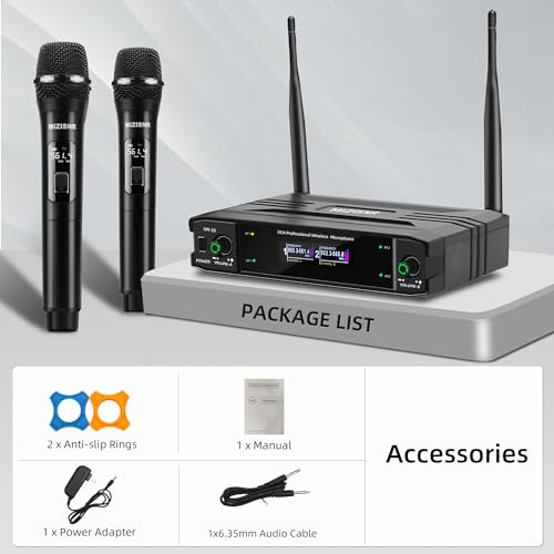 MIZISNR UHF Wireless Microphone Systems, Dual Cordless Handheld Dynamic Karaoke Mic Set, Auto Connect 300ft Range Transmission for Singing, Karaoke, DJ Party, Church, Wedding, PA Speaker