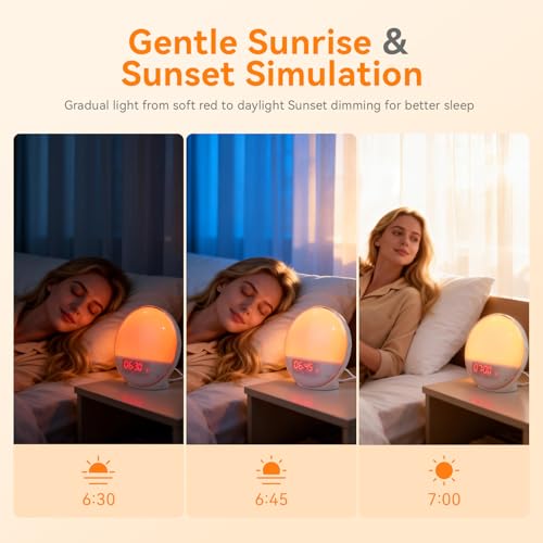 Sunrise Alarm Clock with App Control, White Noise Machine, Dual Alarms, Wake Up Light with Sunrise and Sunset Simulation, FM Radio & Bluetooth Speaker, Coloured Light, USB Powered - Image 6