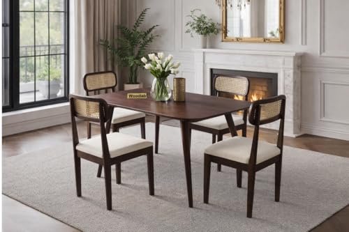 Image of WOODLAB Solid Sheesham Wood 4 Seater Dining Table Set | Wooden Four Seater Dining Table with Cushioned Cane Back Chairs Furniture for Living Room, Home, Hotel and Restaurants - Walnut Finish