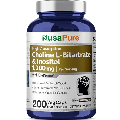 NusaPure Choline & Inositol - Suitable for Vegetarian/Vegan, Non - GMO - 1000mg - 200 Veggie Capsules