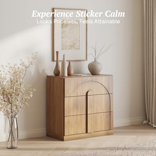 Image of BELLEZE Sideboard Cabinet with 3 Drawers, Modern Wood Buffet Cabinet with Arc Design, Large Fluted Sideboard with Storage for Kitchen Living Room Entryway, Camel