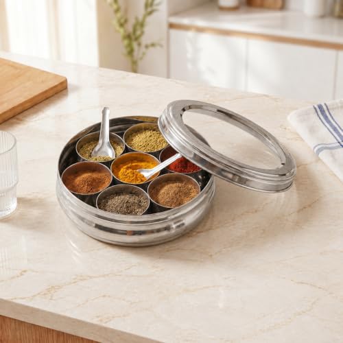 Image of Nestasia Stainless Steel Masala Dabba for Kitchen Storage (90ml x 7 Containers) - Engraved Spice Box with See Through Lid & Spoon | Rust-Free & Diswasher Safe Garam Masala & Biryani Masala Dani