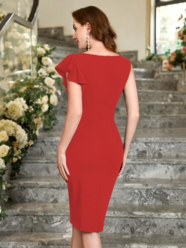 Image of Shasmi Girl's & Women's Asymmetrical Sleeve Ruffle Trim Cocktail Party Fitted One Piece Knee Length Midi Dress for Women Stylish Dresses (Midi 169)