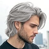 RicHyun Mens Short Gray Wig Synthetic Straight Layered Cosplay Replacement Hair Wig for Male Guy