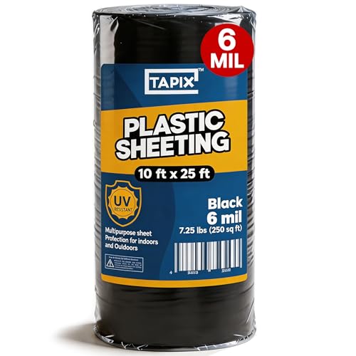 Plastic Sheeting (10' x 25') Long, 6 Mil (Black) - UV Protection Poly Sheeting Polyethylene Film, Heavy Duty Greenhouse Plastic Sheeting