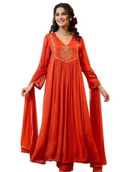 Orange Embroidered Kurta Set with Dupatta, V-Neck Anarkali Style Suit, Long Sleeve Ethnic Wear for Women-image-21