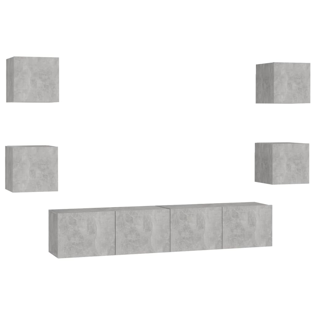 6-TLG. TV-Schrank-Set Betongrau Holzwerkstoff, Wandmontage, Modernes Media Center für Wohnzimmer, Schlafzimmer, Viel Stauraum