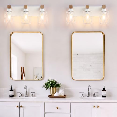 Image of Farmhouse 3-Light Wood Bathroom Vanity Light, White Metal Cage Shade | Mounted Over Mirror, Industrial Rustic Style, Ideal for Bathroom, Bedroom, Hallway & Living Room, Easy To Install